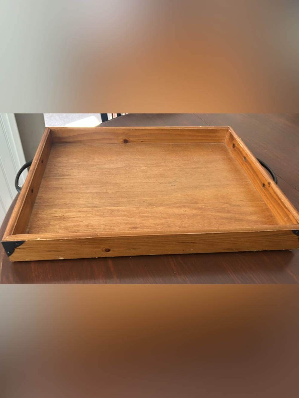 Wood Serving Tray with Black Metal Handles - Natural Brown